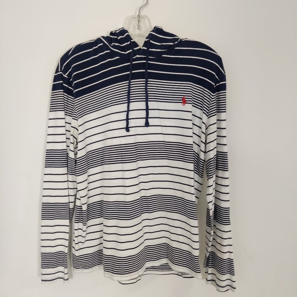 Polo Ralph Lauren Men's Striped Hoodie Shirt Size Large Navy Blue White Cotton